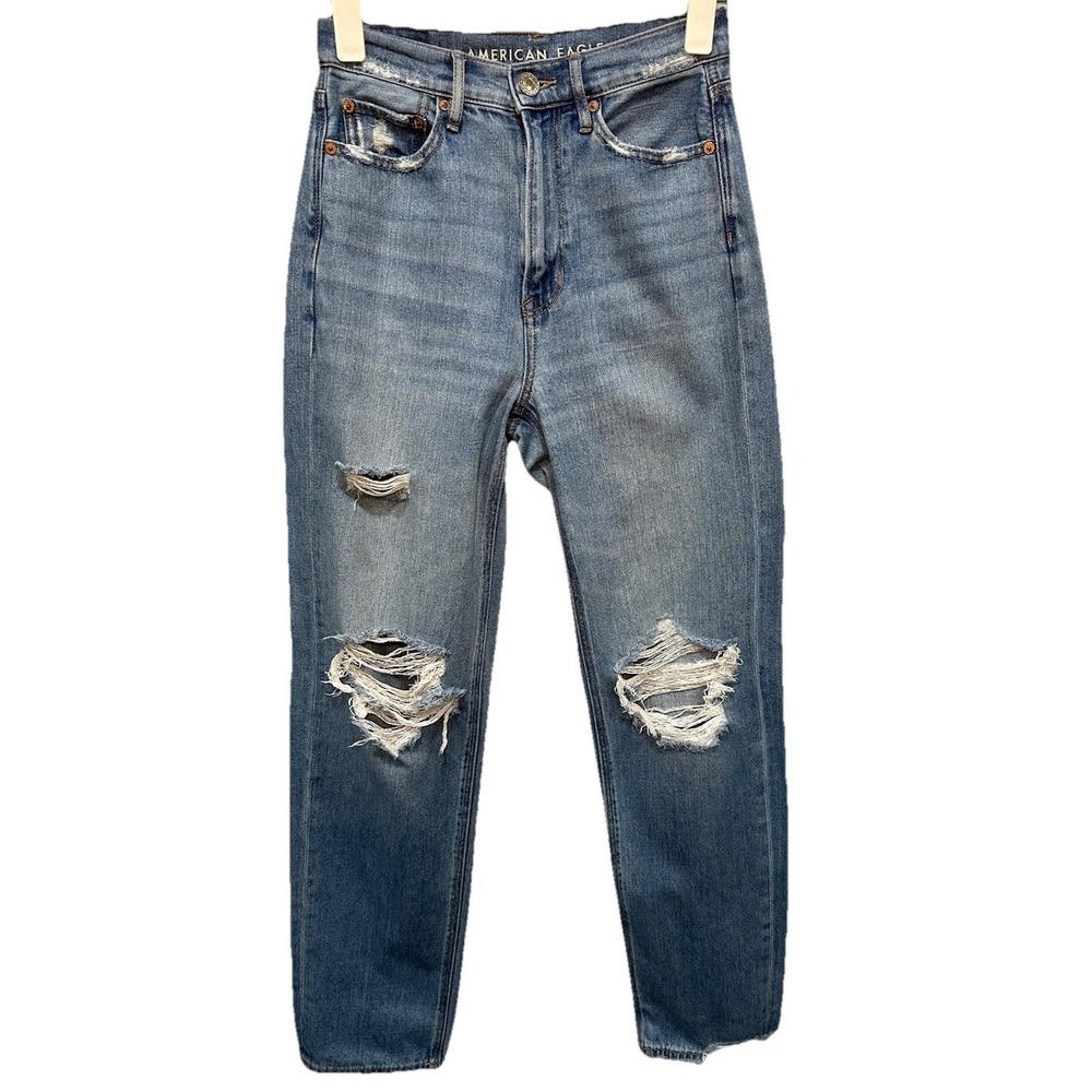 American Eagle Jeans Women's Size 0 Blue Baggy Straight High Rise Distressed